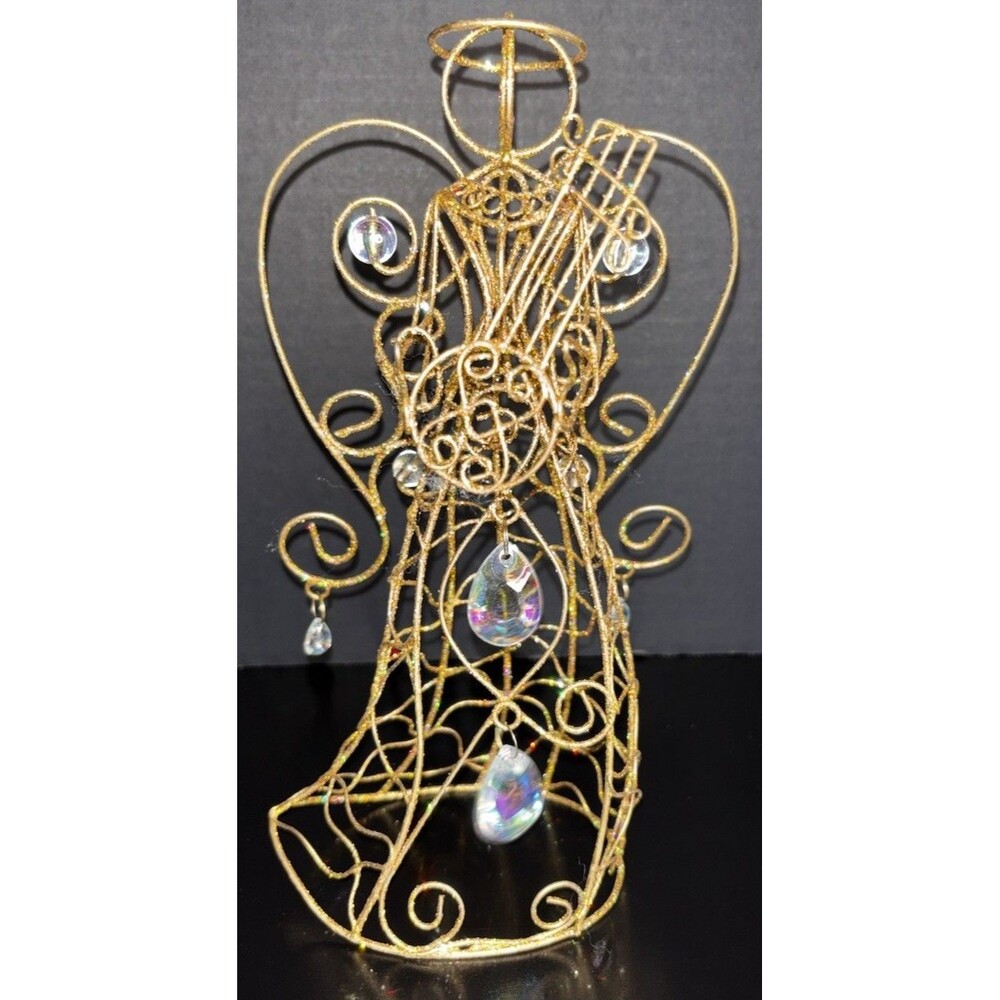 Gold Wire Harp Angel Figurine Christmas Decor Glitter Prism Teardrop Accents